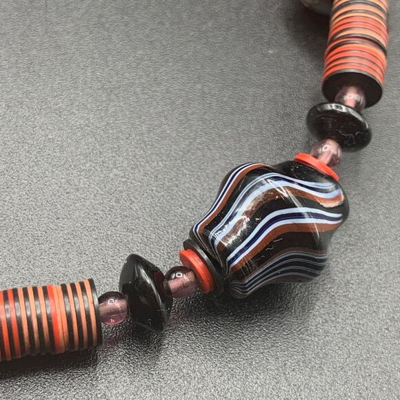Unusual Art Glass Necklace in Red & Black Ethnic Style Surfer Jewelry - Picture 5 of 6
